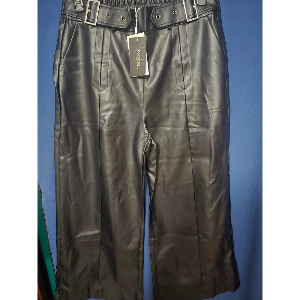 UOOZEE Black Faux Leather Wide Leg Pants Belted High Waist Cropped Trousers NEW
